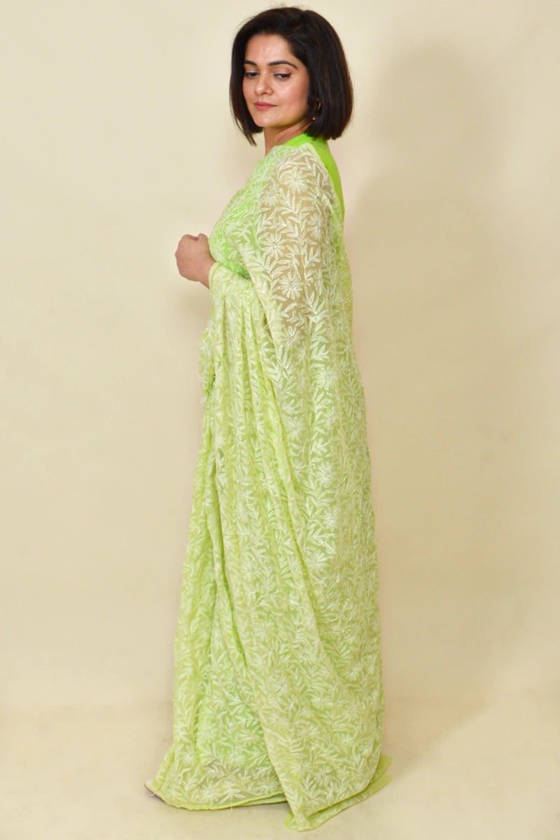Fabnuma Handcrafted Green Georgette Tepchi Chikankari Saree-Blouse - Fabnuma