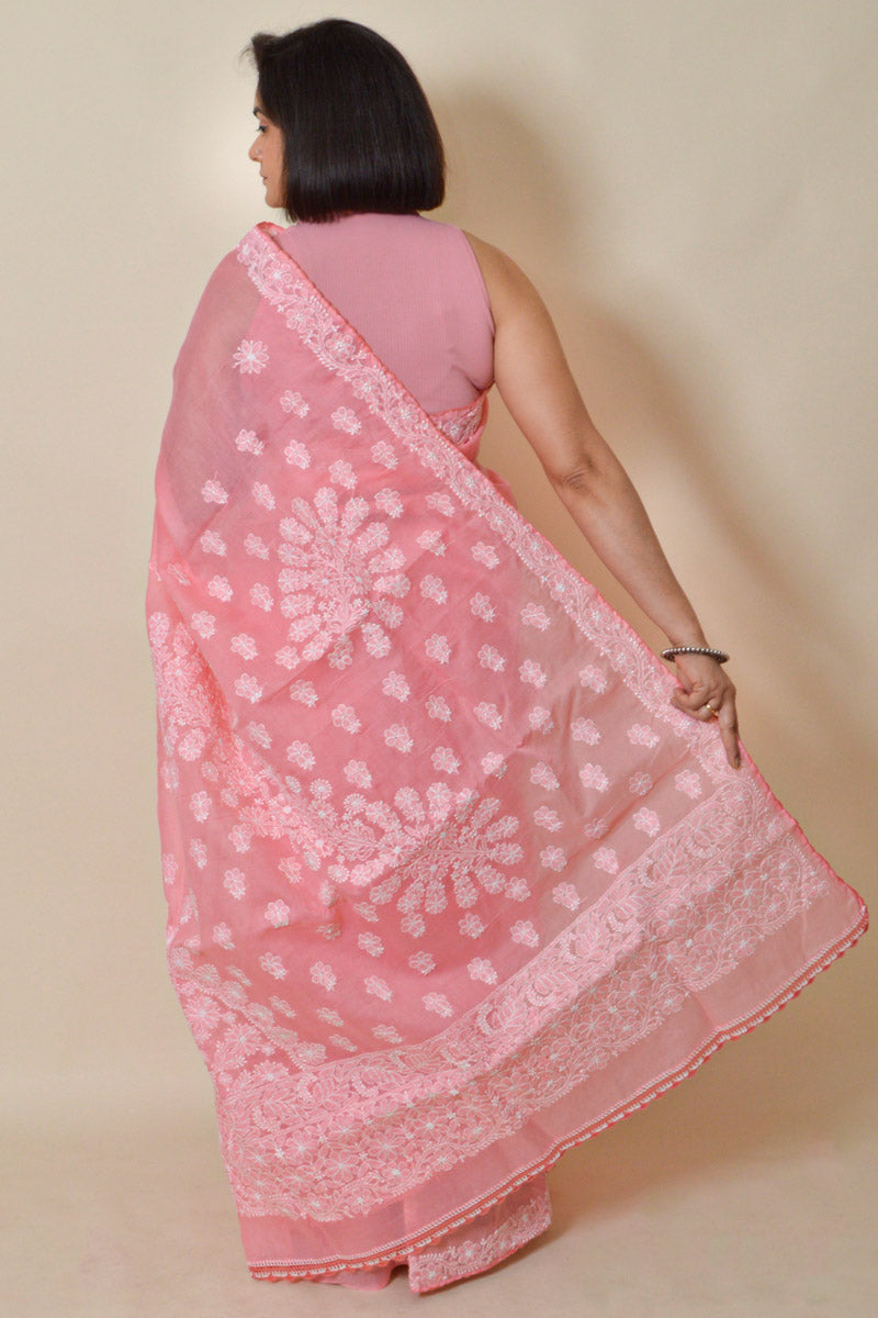 Fabnuma Handcrafted Peach Chikankari Cotton Saree-Blouse - Fabnuma