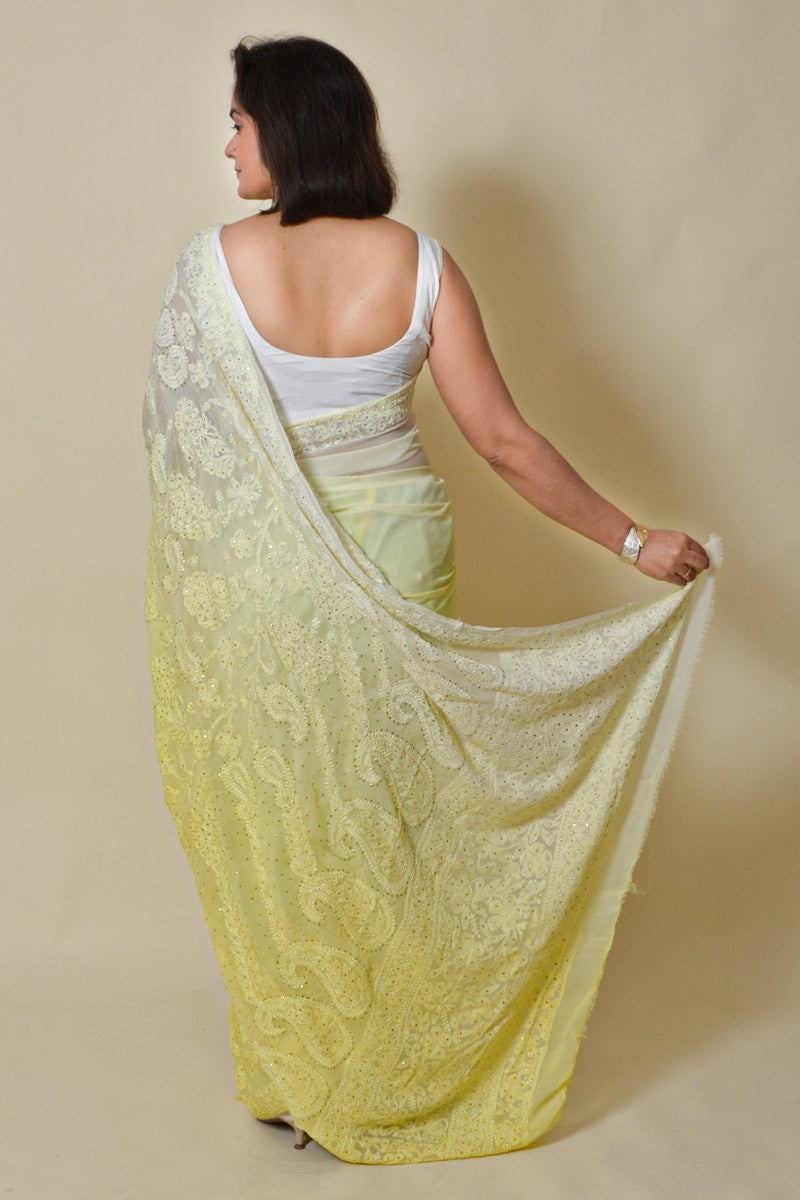 Fabnuma Handcrafted Shaded Lemon Viscose Chikankari Saree-Mukesh Work - Fabnuma