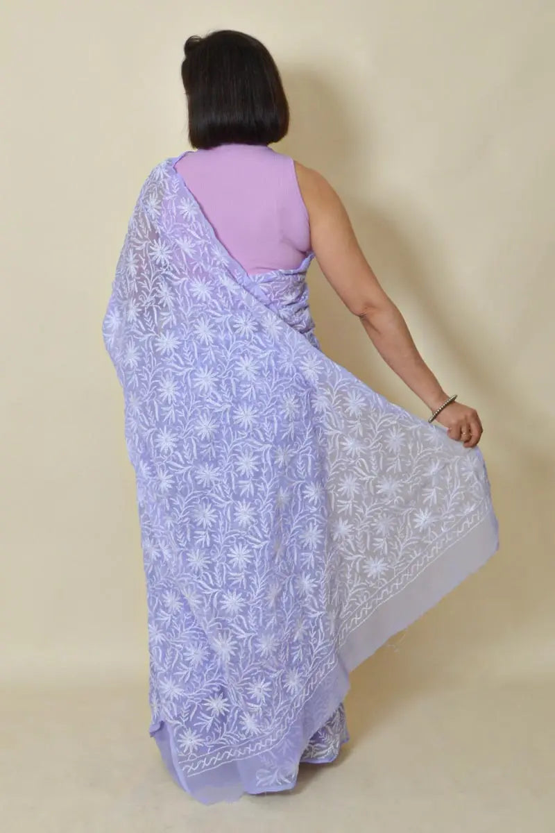 Fabnuma Handcrafted Lavender Georgette Tepchi Chikankari Saree-Blouse - Fabnuma