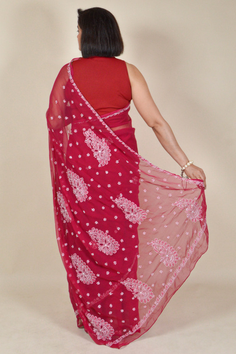Fabnuma Handcrafted Red Georgette Chikankari Saree-Blouse - Fabnuma