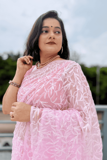 MeMaana Handcrafted Pink Georgette Tepchi Chikankari Saree-Blouse