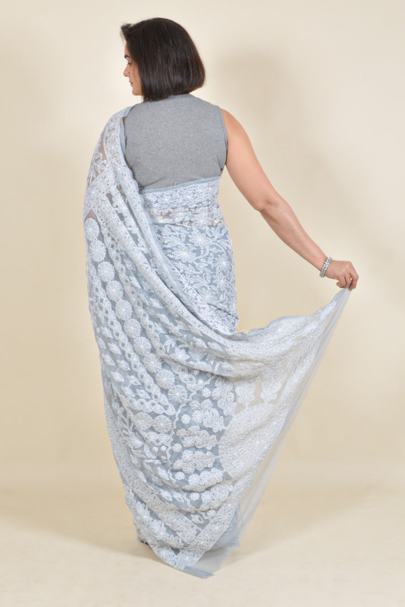 Fabnuma Handcrafted Gray Georgette Chikankari Saree-Blouse - Fabnuma