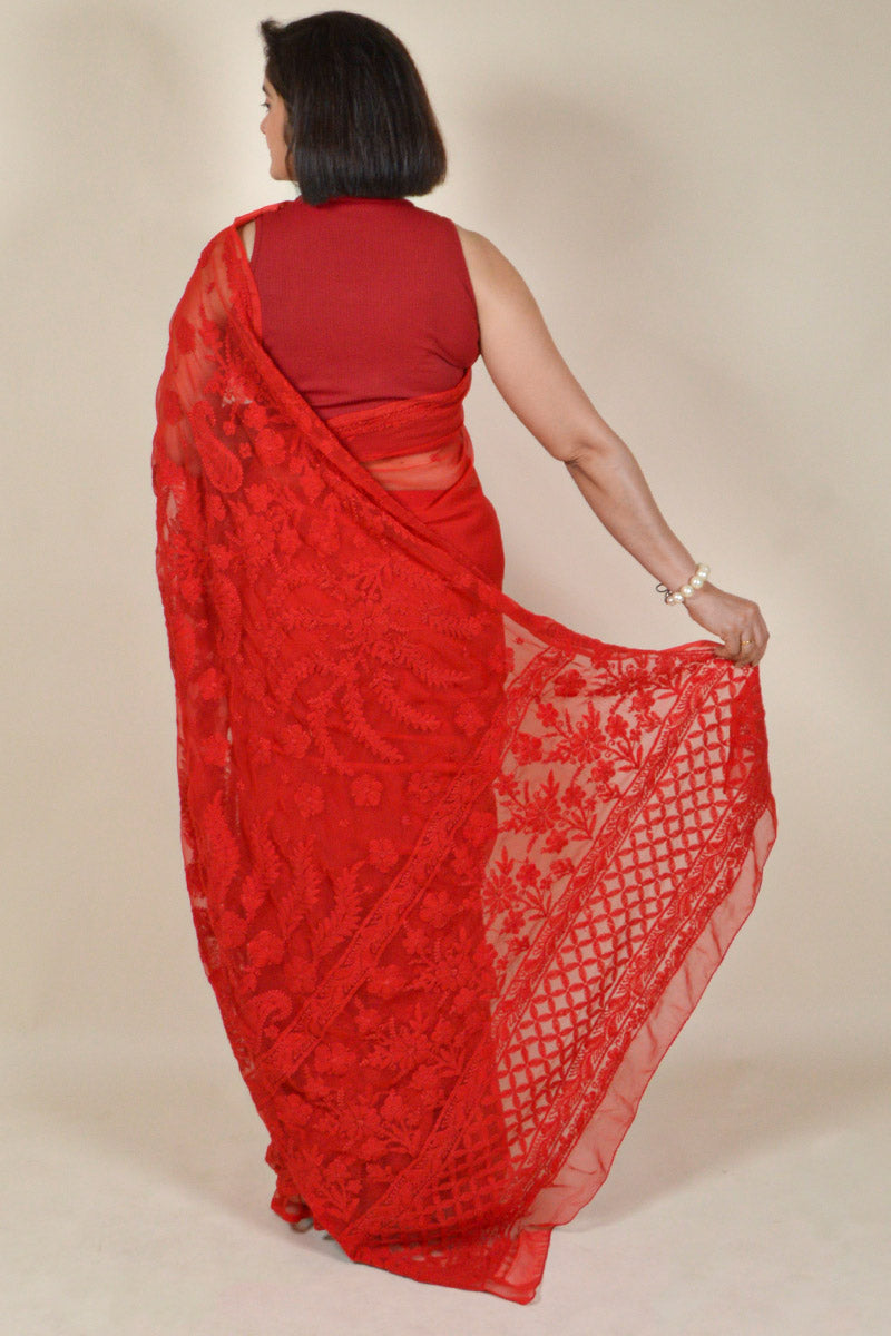 Fabnuma Handcrafted Red Georgette Chikankari Saree-Blouse - Fabnuma