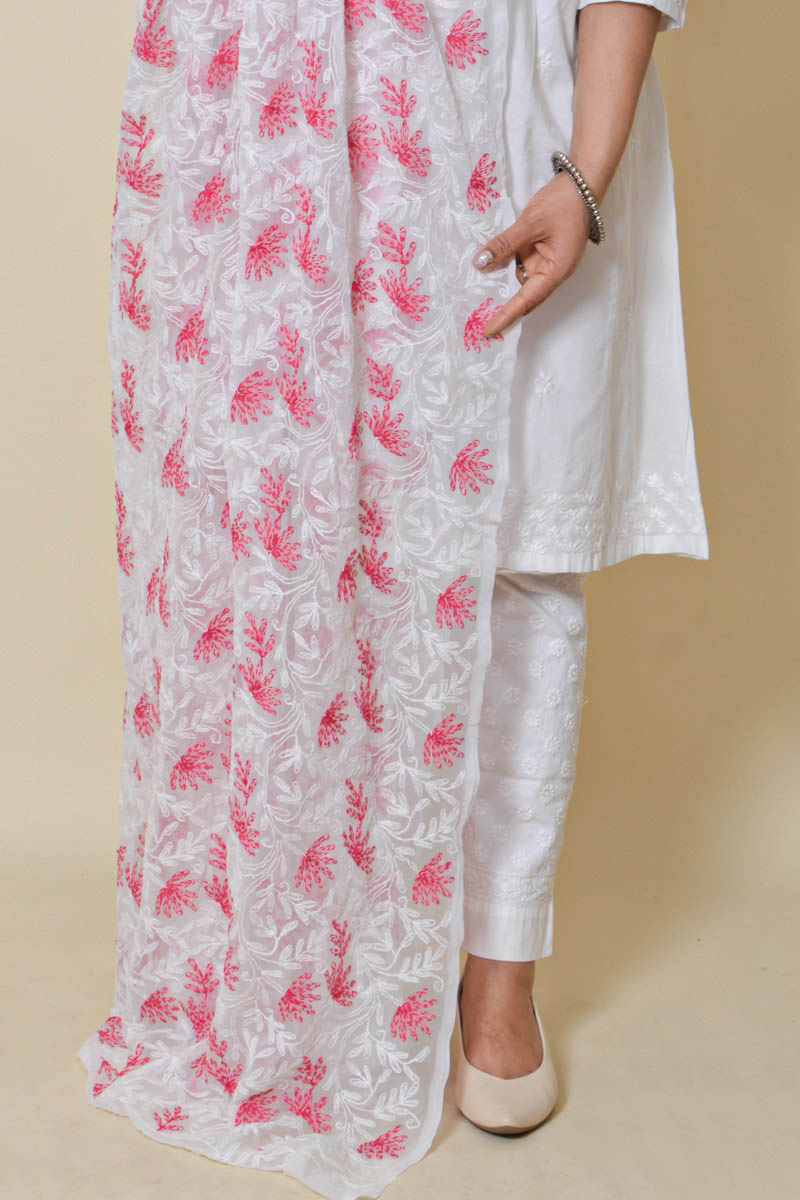 Fabnuma Handcrafted White Georgette Allover Tepchi Chikankari Dupatta - Fabnuma