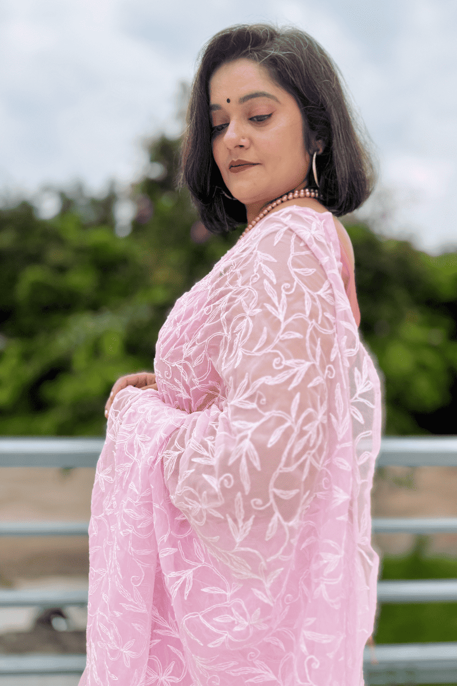 MeMaana Handcrafted Pink Georgette Tepchi Chikankari Saree-Blouse