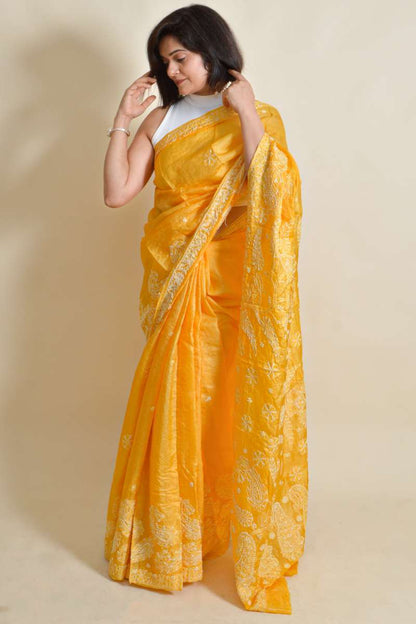 Fabnuma Handcrafted Yellow Tussar Silk Chikankari Saree-Blouse - Fabnuma