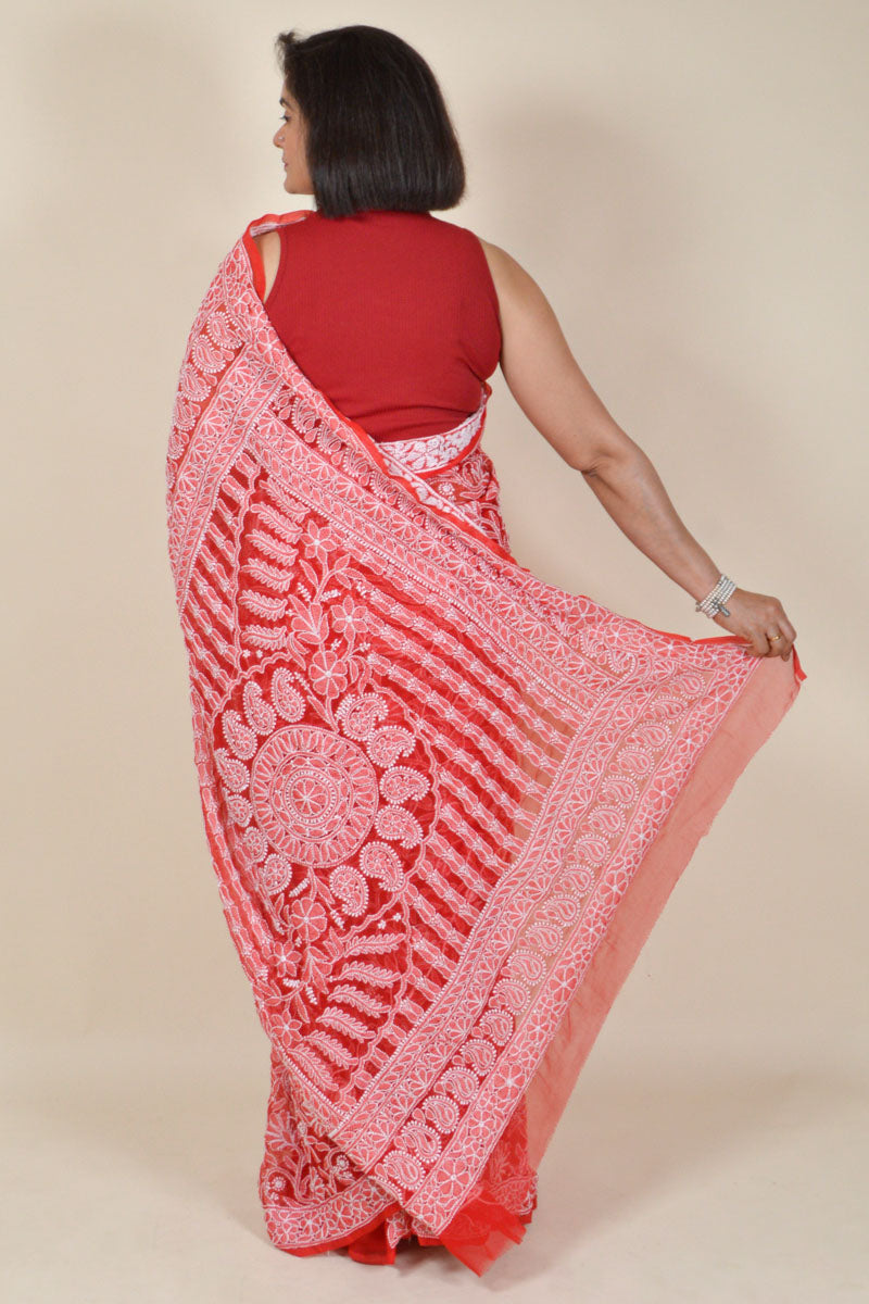 Fabnuma Handcrafted Red Georgette Chikankari Saree-Blouse - Fabnuma
