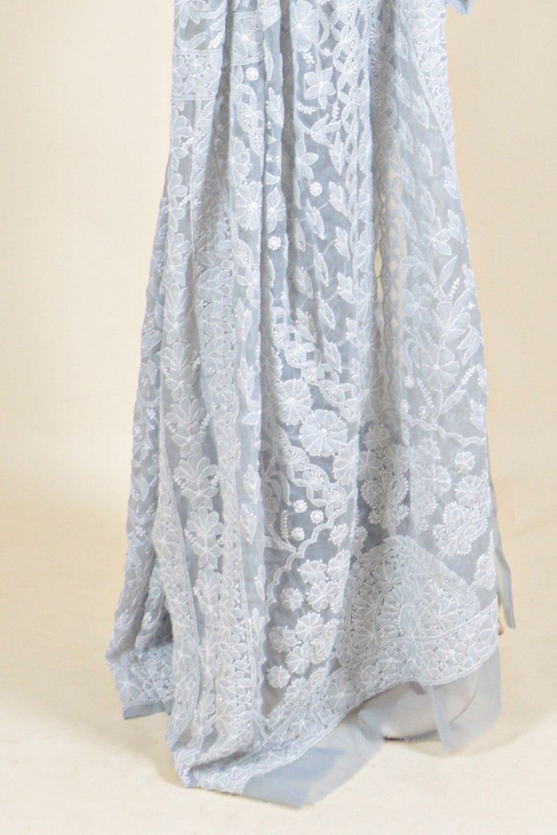 Fabnuma Handcrafted Gray Georgette Chikankari Saree-Blouse - Fabnuma