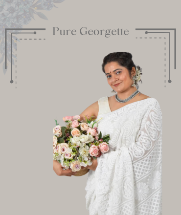 White pure georgette saree with allover hand-embroidered Lucknowi Chikankari and matching blouse – handcrafted ethnic saree by Fabnuma

