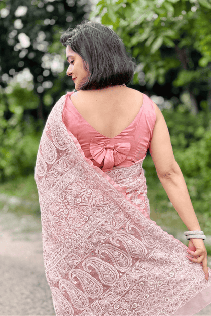 MeMaana Handcrafted Peach Georgette Gotapatti Chikankari Saree-Blouse