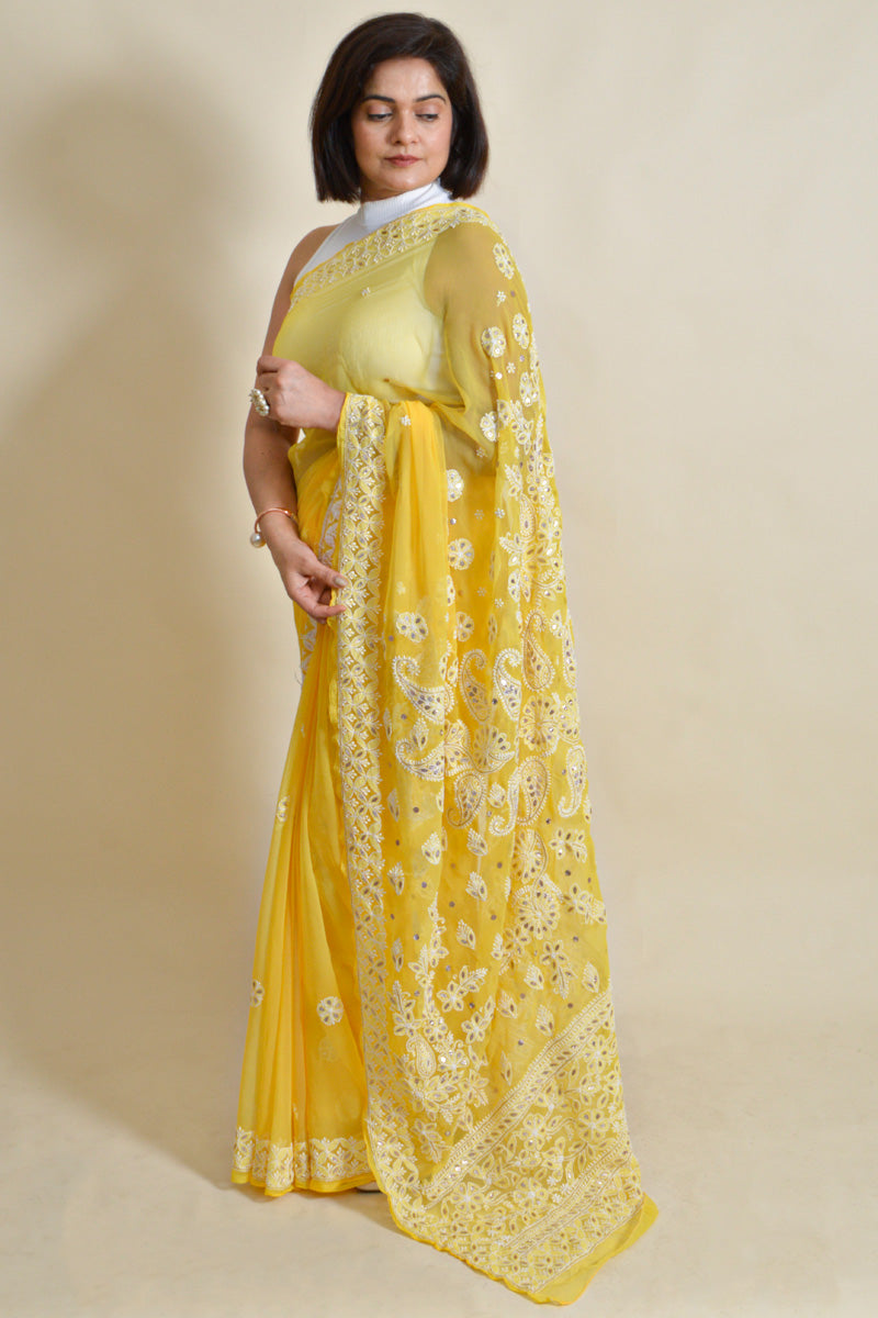 Fabnuma Handcrafted Yellow Georgette Chikankari Saree-Blouse - Fabnuma
