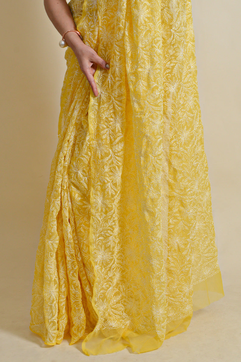 Fabnuma Handcrafted Yellow Georgette Chikankari Saree-Blouse - Fabnuma