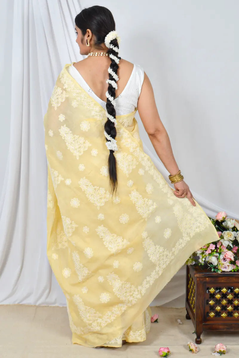 Fabnuma Handcrafted Yellow Cotton Border Palla Chikankari Saree with Blouse Fabnuma