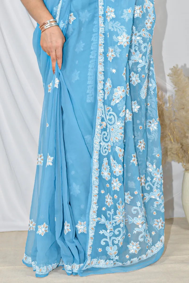 Fabnuma Handcrafted Blue Gotapatti Work Georgette Lucknowi Chikankari Saree with Blouse