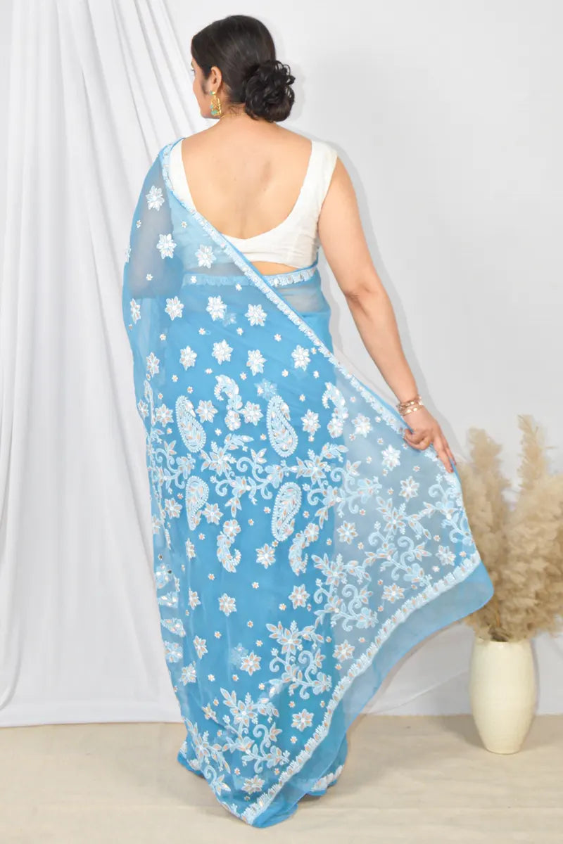 Fabnuma Handcrafted Blue Gotapatti Work Georgette Lucknowi Chikankari Saree with Blouse