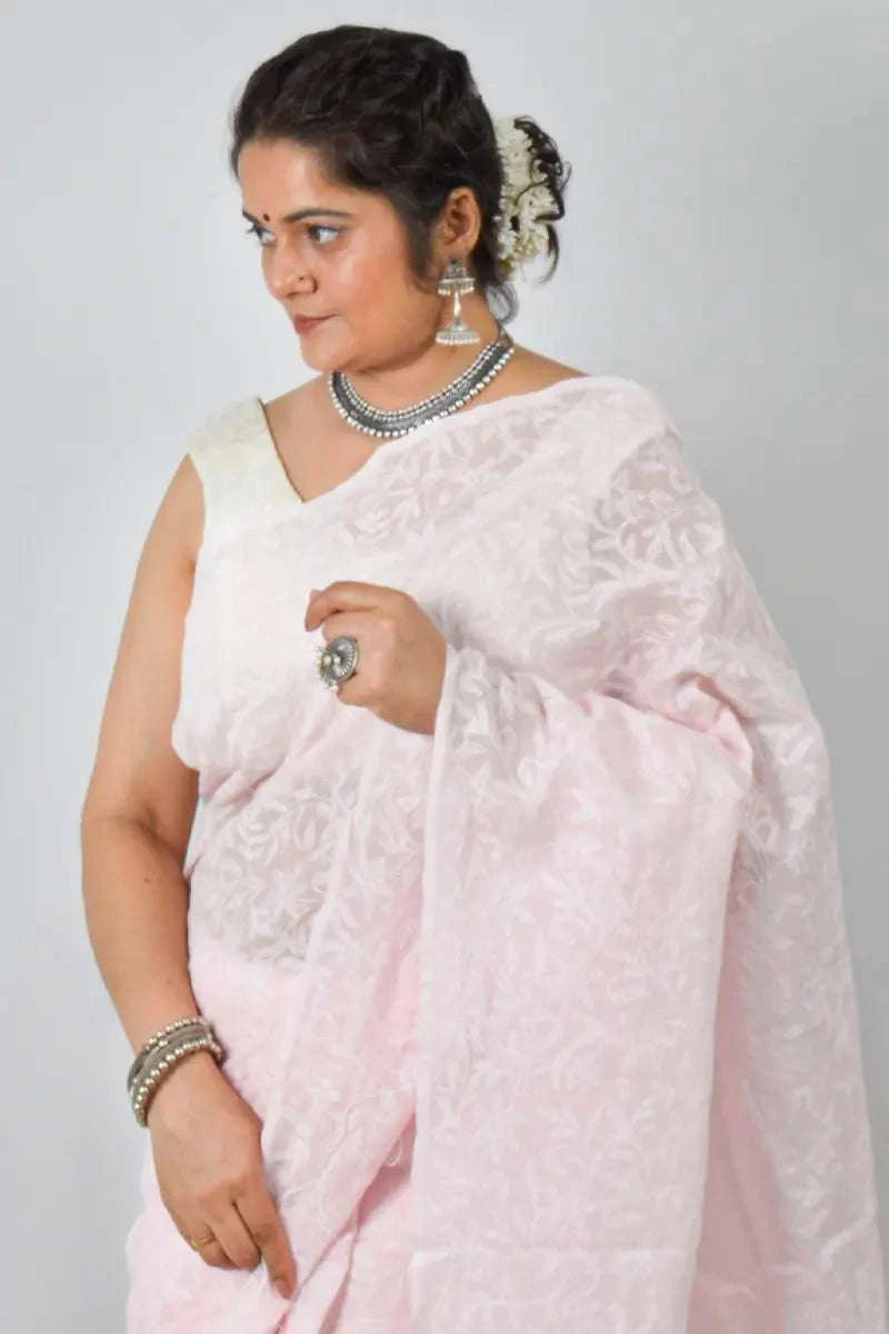 Baby Pink  Kota cotton saree with handcrafted Lucknowi Chikankari embroidery and matching blouse – traditional wear by Fabnuma