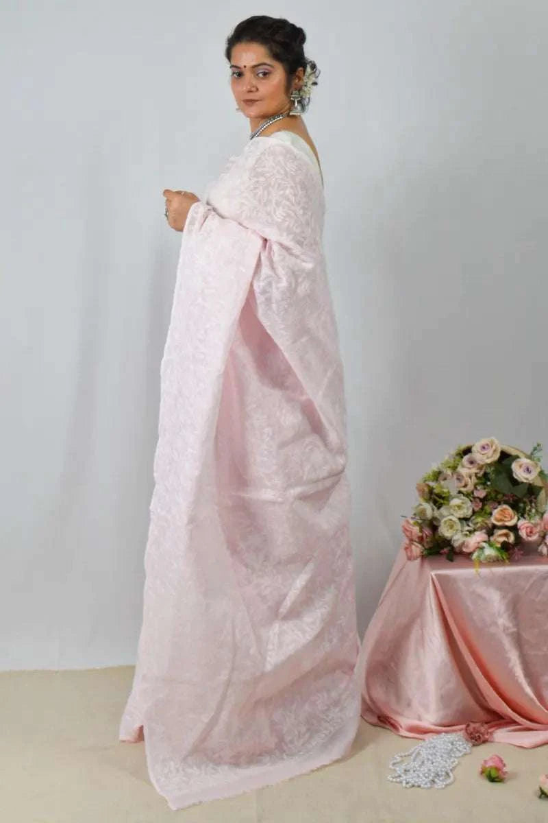 Baby Pink  Kota cotton saree with handcrafted Lucknowi Chikankari embroidery and matching blouse – traditional wear by Fabnuma