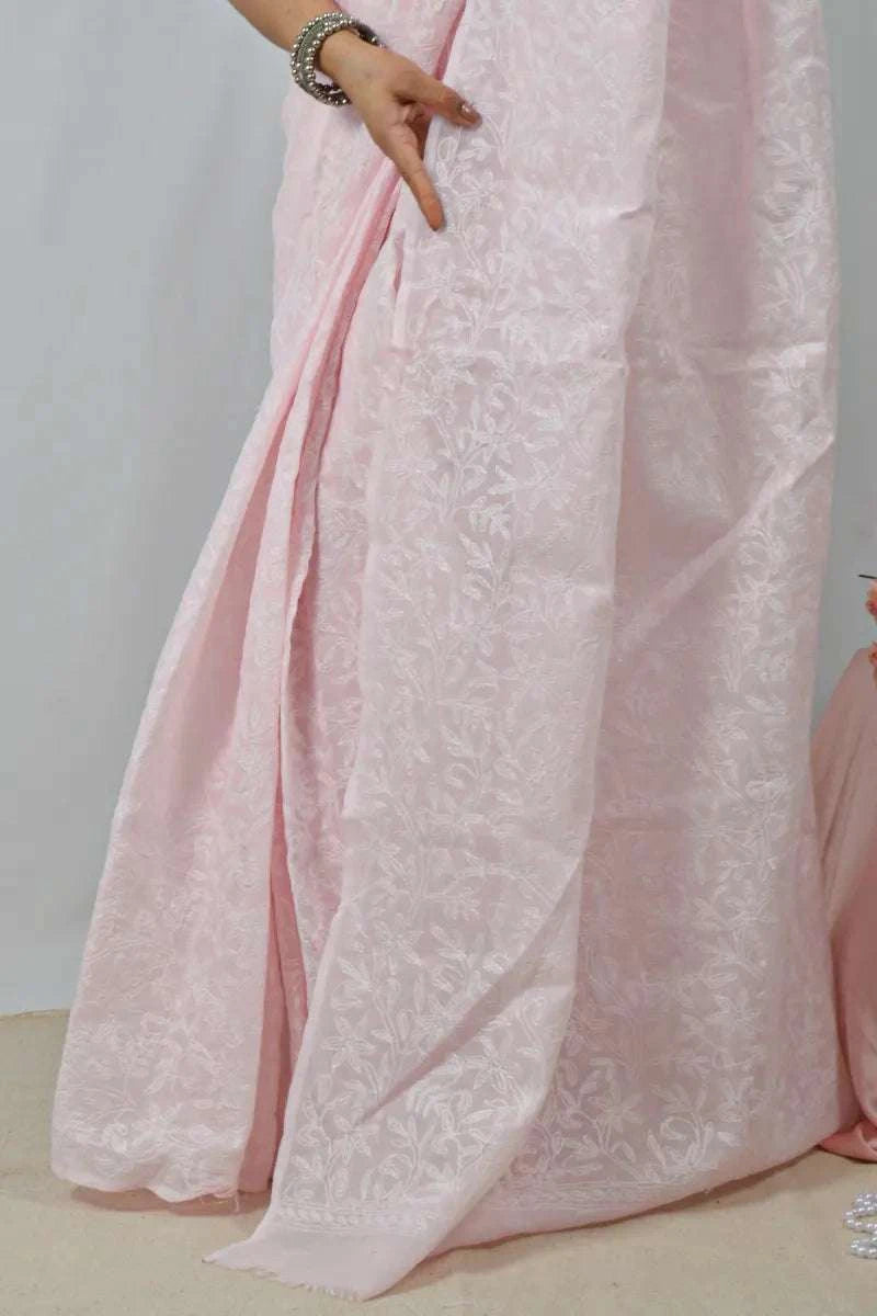 Baby Pink  Kota cotton saree with handcrafted Lucknowi Chikankari embroidery and matching blouse – traditional wear by Fabnuma