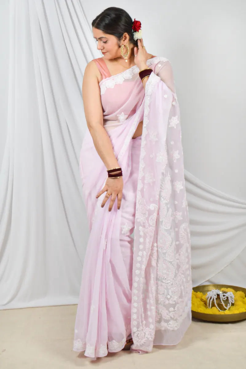 Baby Pink Chikankari Saree with Pearl Work Lucknowi Embroidery and Blouse – Perfect for Weddings & Festive Wear