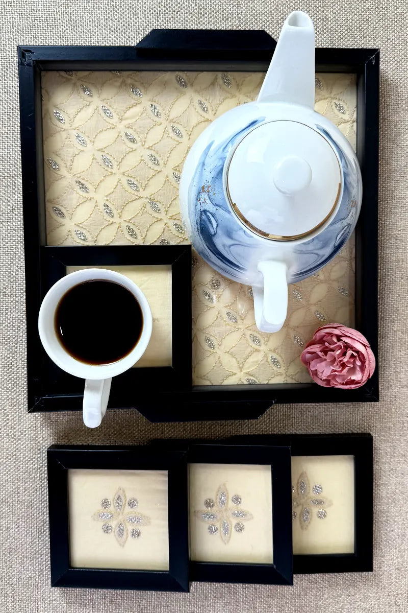 Beige Handcrafted Lucknowi Chikankari Tray & Tea Coaster Set With hand-embroidered Lucknowi Chikankari