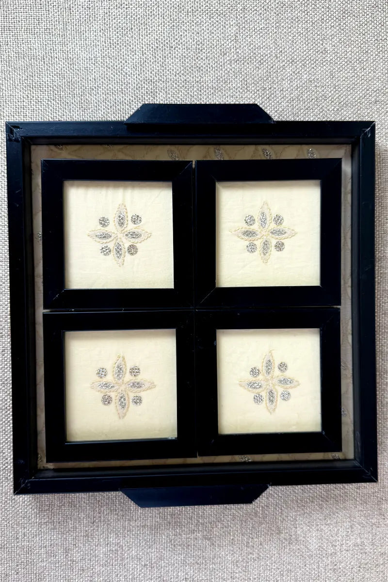 Beige Handcrafted Lucknowi Chikankari Tray & Tea Coaster Set With hand-embroidered Lucknowi Chikankari