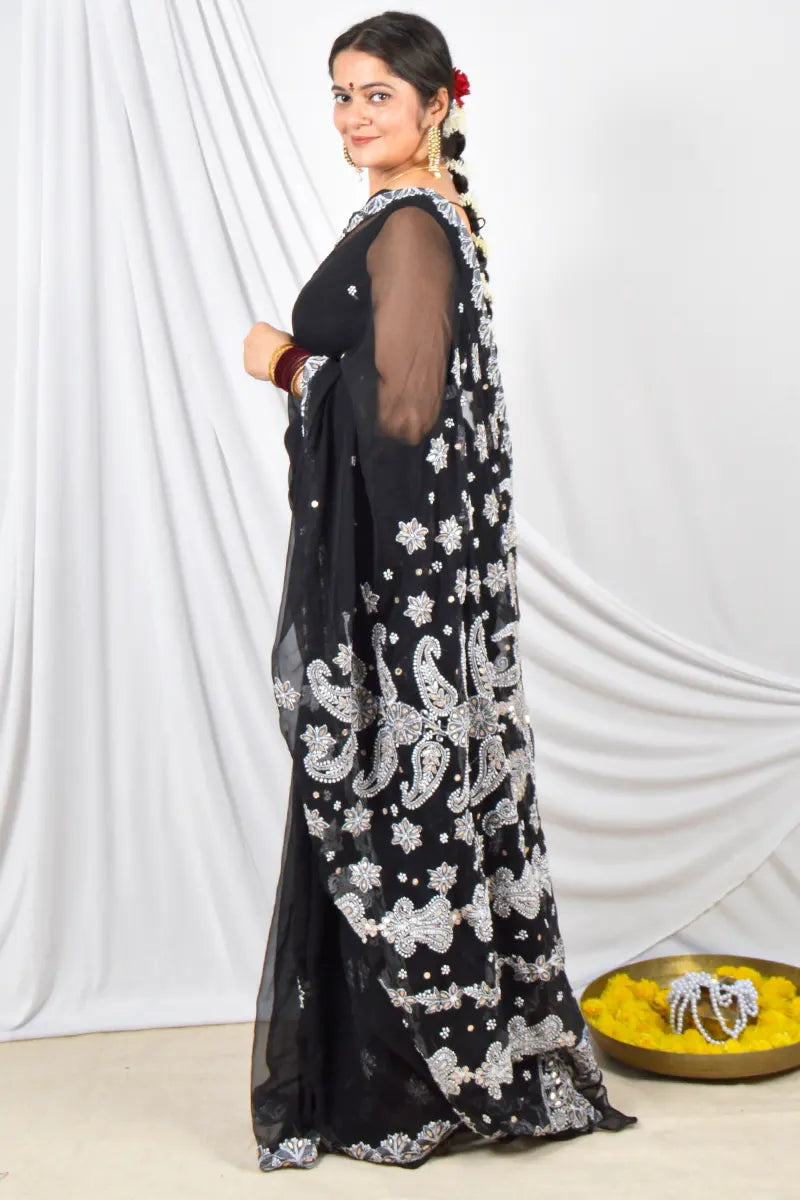 Black Color Georgette Gotapatti Lucknowi Chikankari Designer Saree Embroidery and Blouse – Perfect for Weddings & Festive Wear