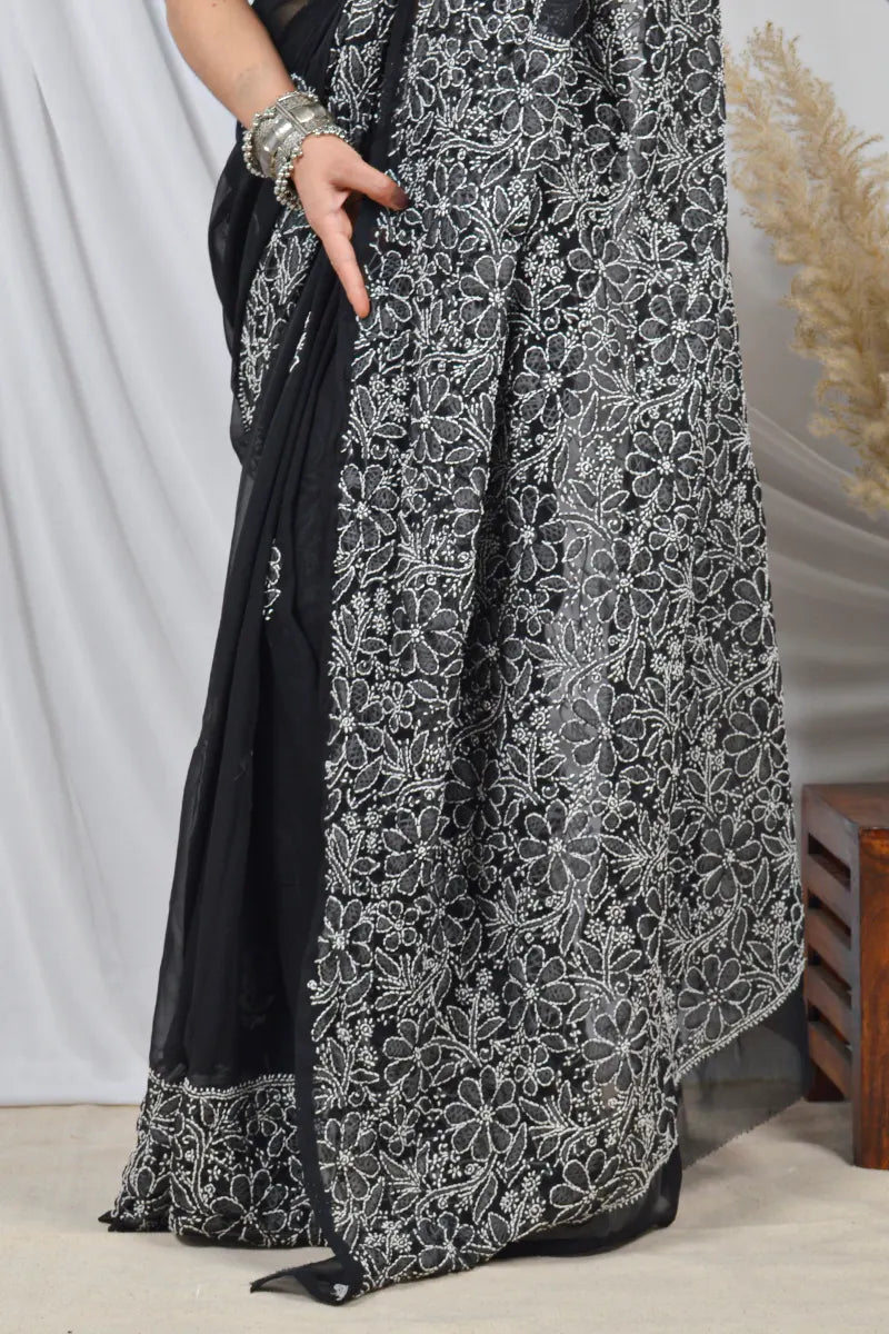 Black Georgette saree with Lucknowi Chikankari embroidery and unstitched blouse – handcrafted festive wear by Fabnuma