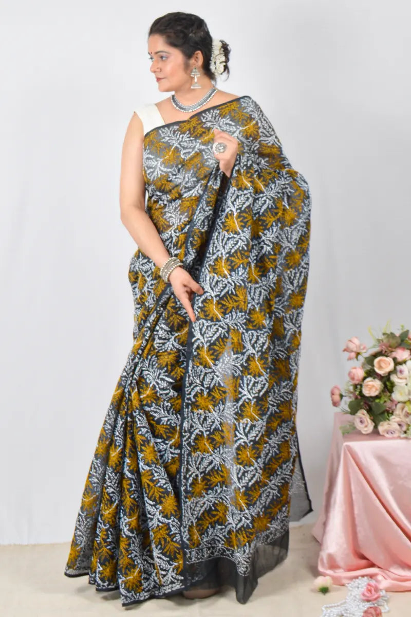 Black Kota cotton saree with hand-embroidered Lucknowi Chikankari and matching blouse – handcrafted ethnic saree by Fabnuma

