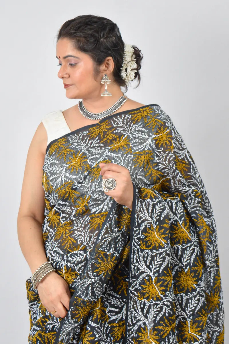 Black Kota cotton saree with hand-embroidered Lucknowi Chikankari and matching blouse – handcrafted ethnic saree by Fabnuma
