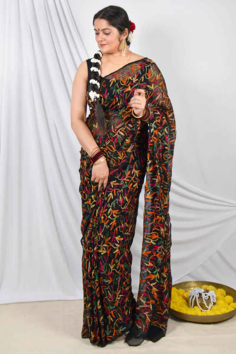 Black Georgette Tepchi Lucknowi Allover Embroidery and Blouse – Perfect for Weddings & Festive Wear