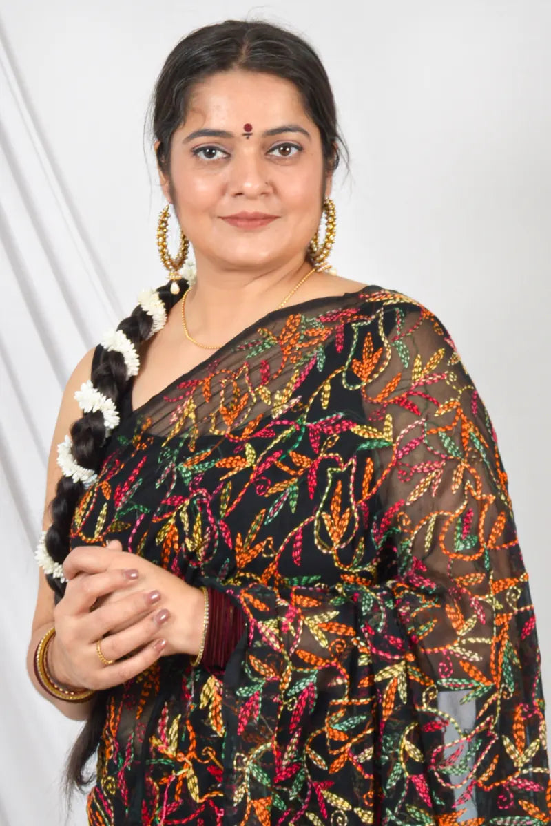 Black Georgette Tepchi Lucknowi Allover Embroidery and Blouse – Perfect for Weddings & Festive Wear