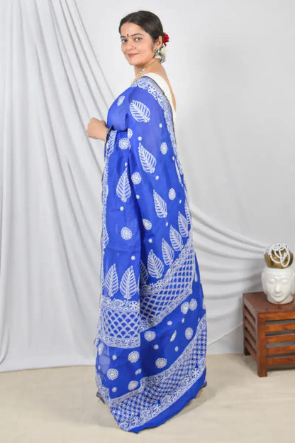 Fabnuma Handcrafted Blue Chanderi Lucknowi Chikankari Designer Saree with Blouse Lucknowi Chikankari