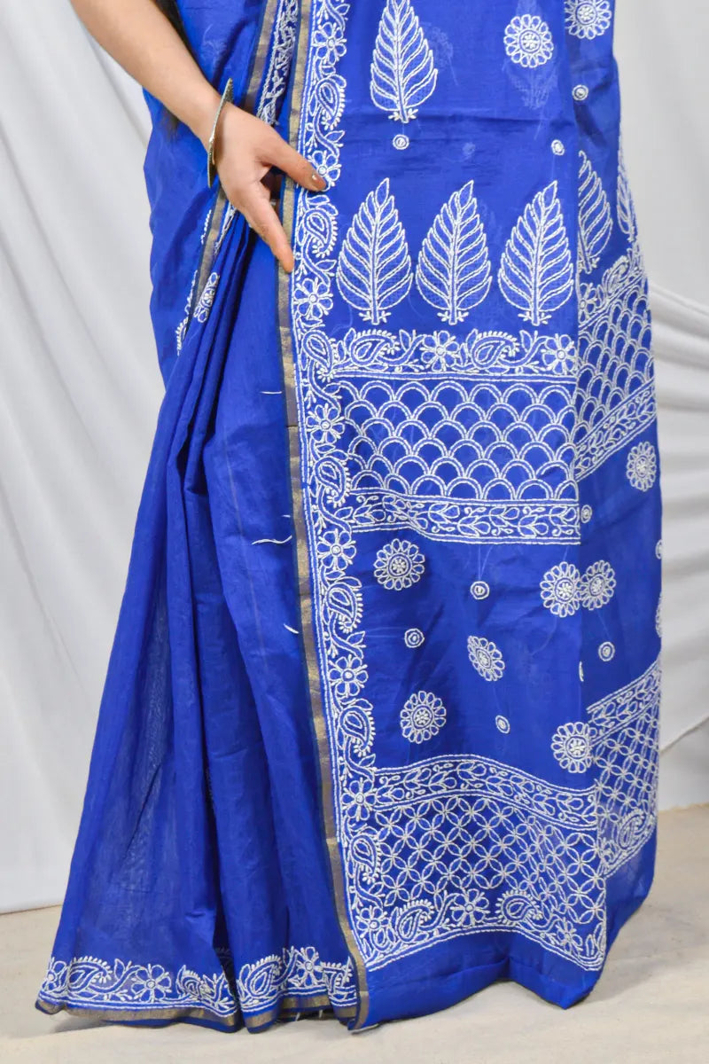 Fabnuma Handcrafted Blue Chanderi Lucknowi Chikankari Designer Saree with Blouse Lucknowi Chikankari