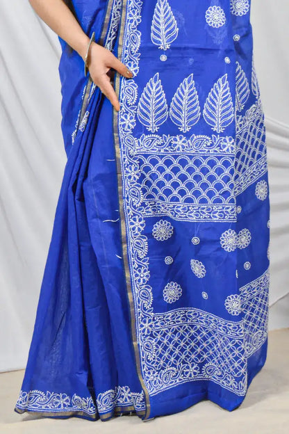Fabnuma Handcrafted Blue Chanderi Lucknowi Chikankari Designer Saree with Blouse Lucknowi Chikankari