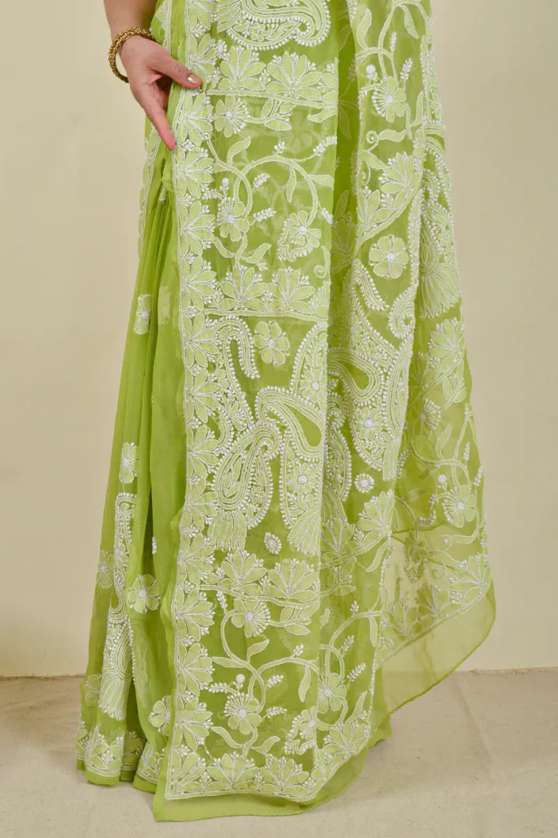 Fabnuma Handcrafted Green Georgette Chikankari Saree with Blouse