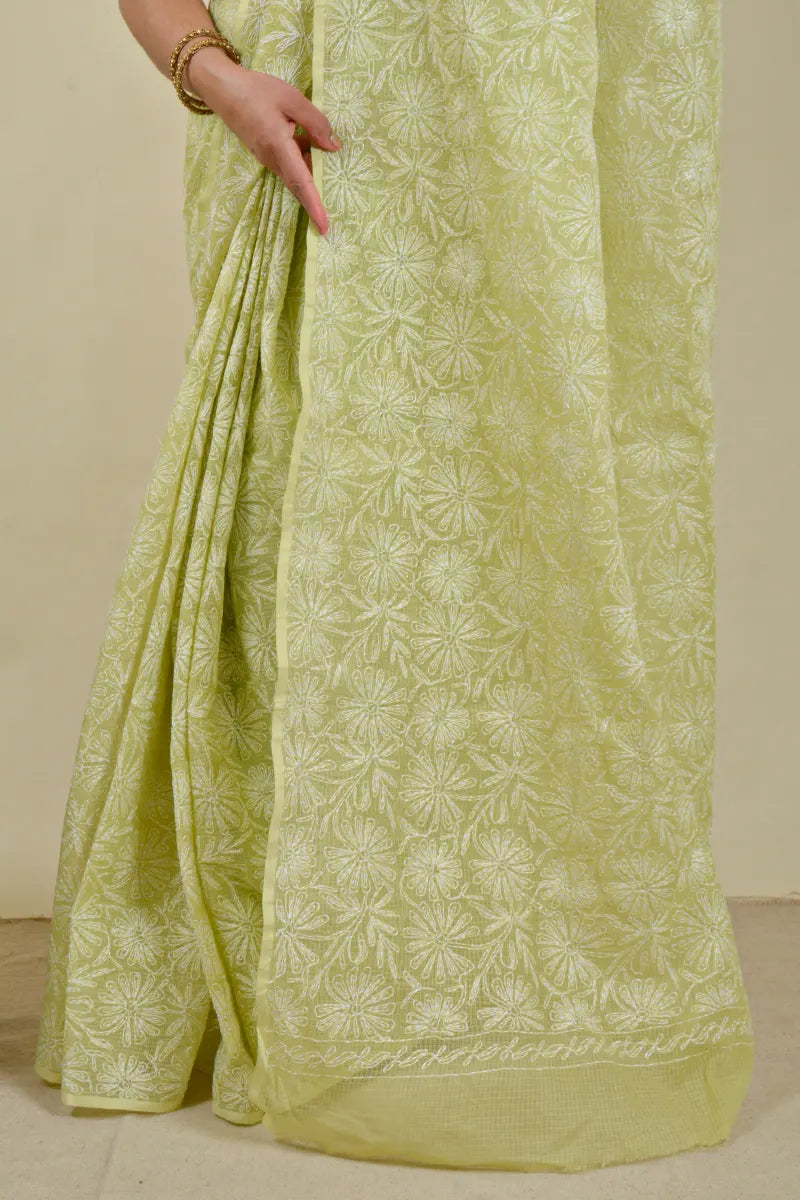 Fabnuma Handcrafted Green Kota Cotton Tepchi Chikankari Saree-Blouse