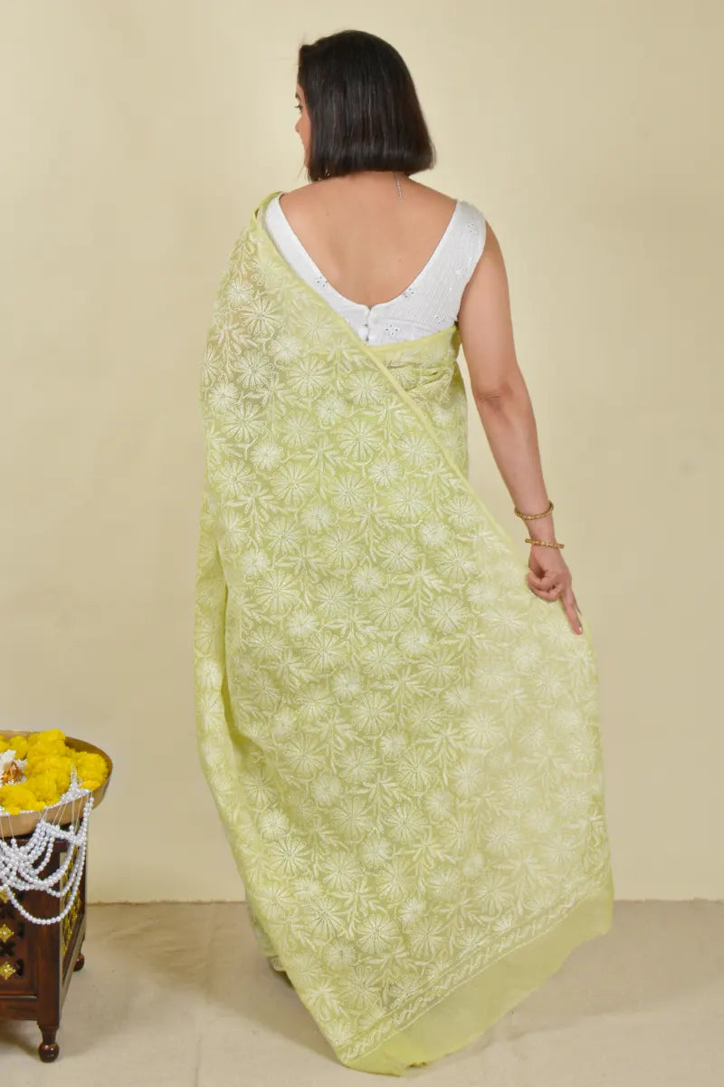 Fabnuma Handcrafted Green Kota Cotton Tepchi Chikankari Saree-Blouse