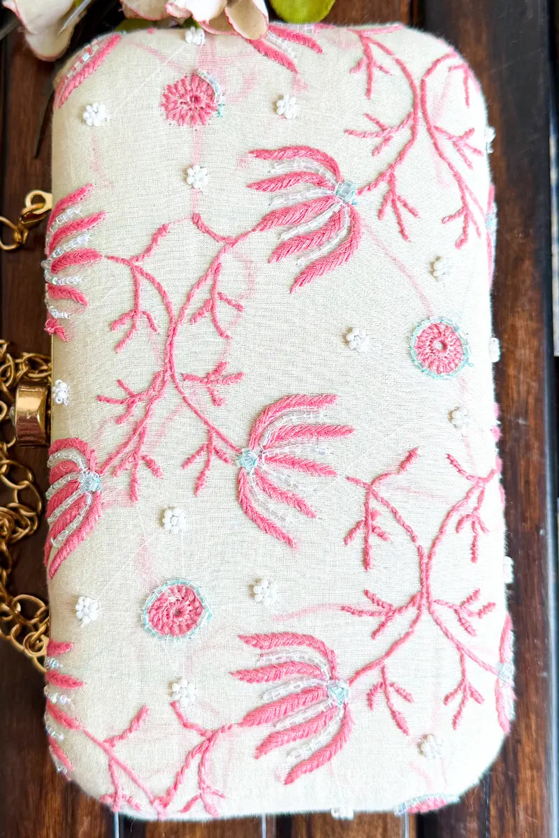 White Chikankari Clutch – handcrafted by Fabnuma.