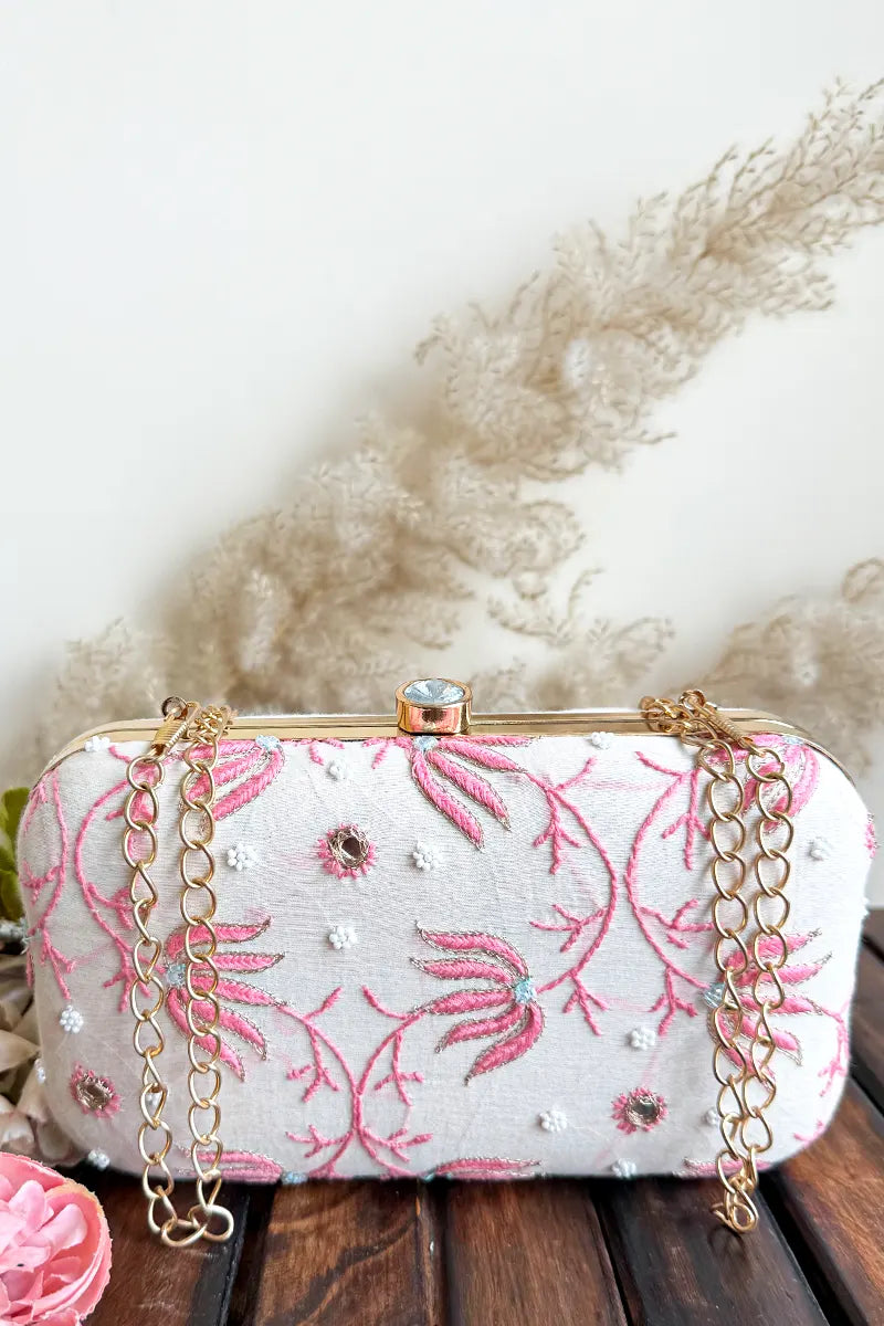 Fabnuma Handcrafted White Chikankari Clutch with Pearl Work Lucknowi Chikankari