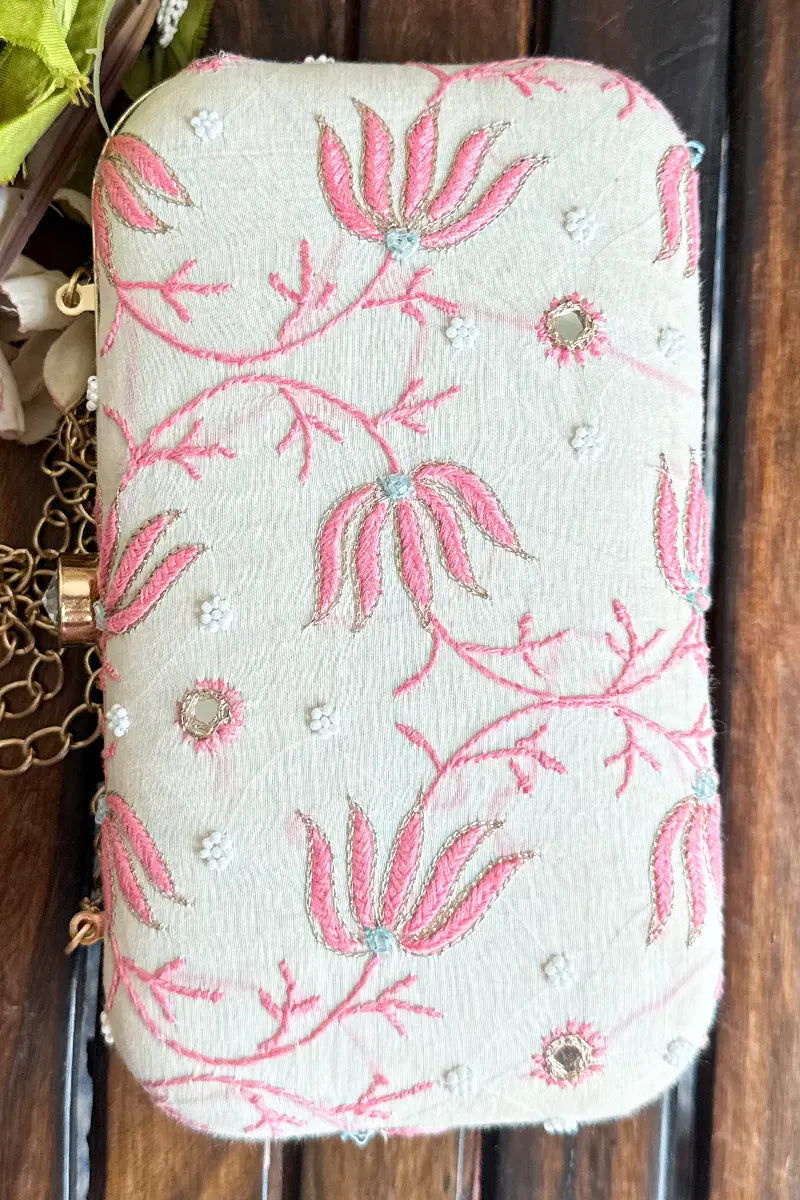 Fabnuma Handcrafted White Chikankari Clutch with Pearl Work Lucknowi Chikankari
