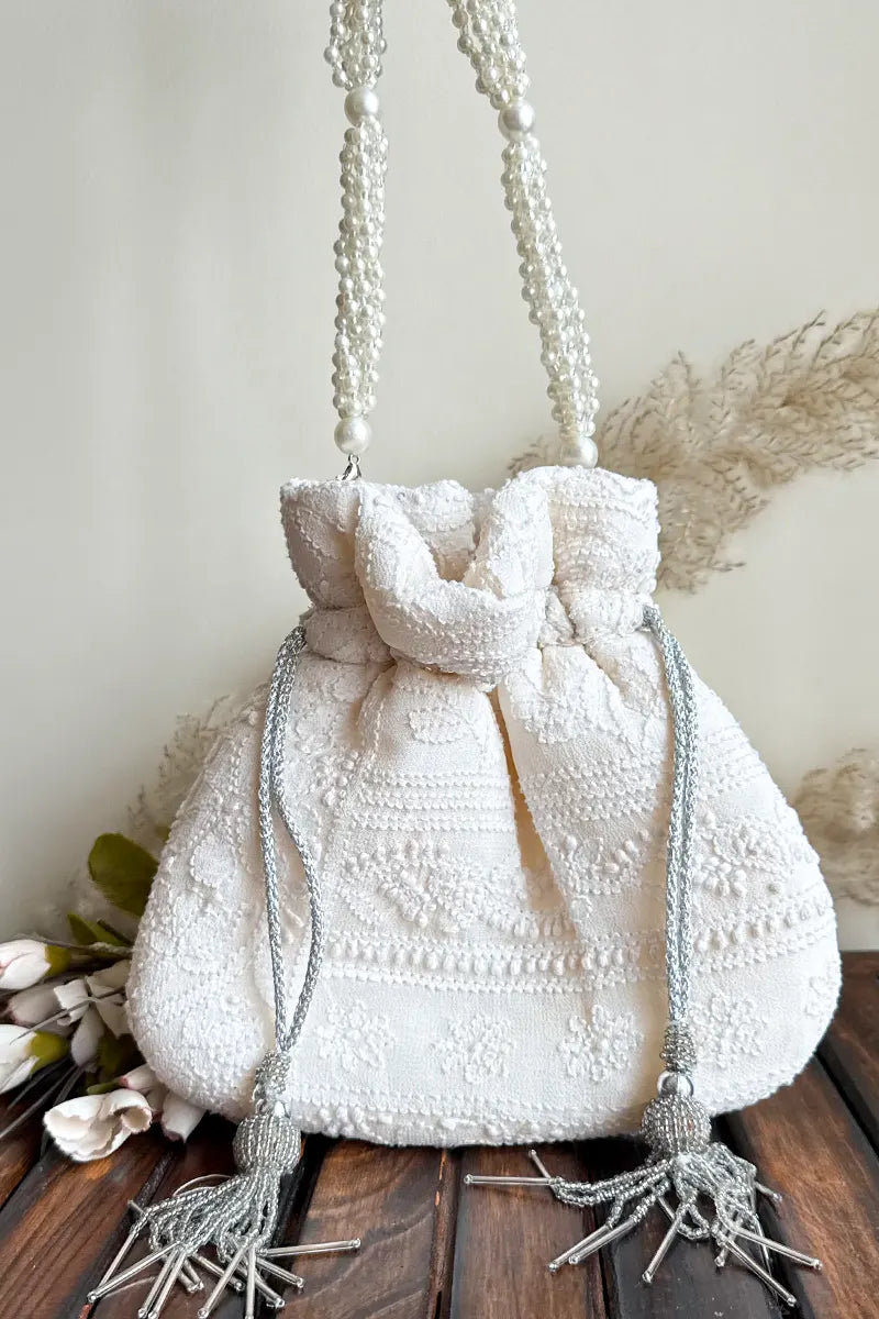 White Chikankari Potli – handcrafted by Fabnuma.