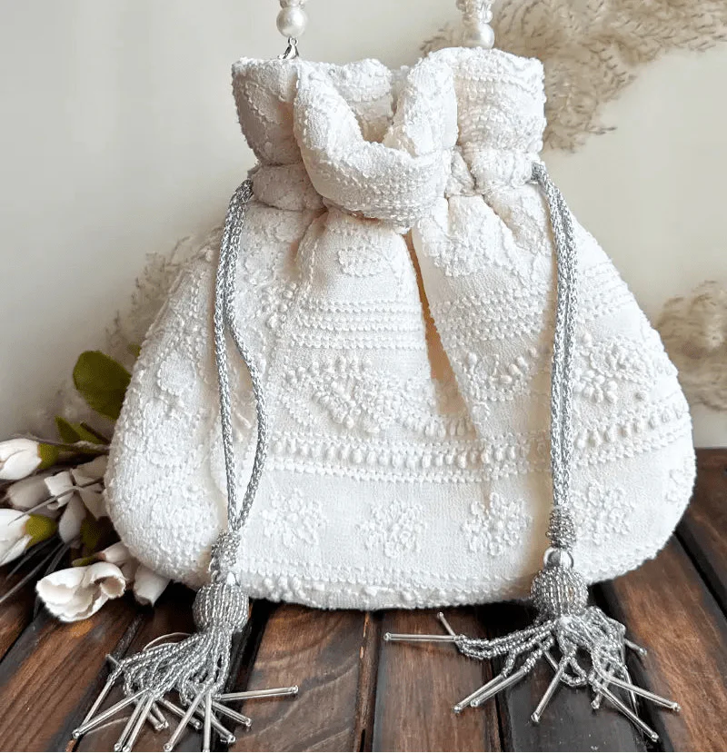 White Chikankari Potli – handcrafted by Fabnuma.