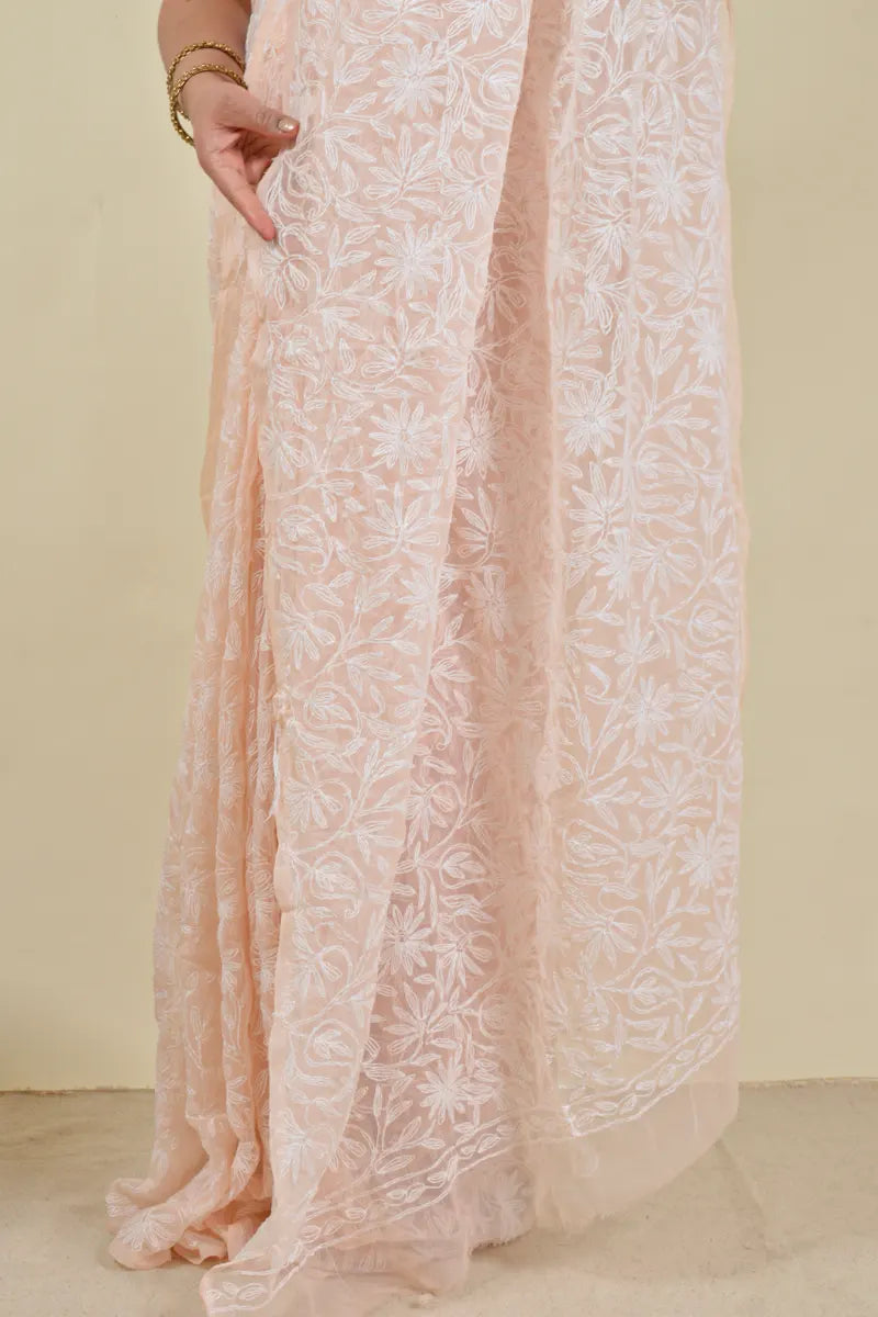 Fabnuma Handcrafted Fawn Georgette Tepchi Work Chikankari Saree-Blouse