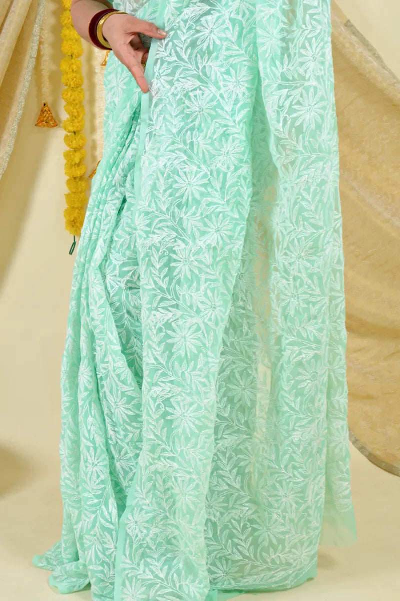 Fabnuma Handcrafted Mint Green Georgette Tepchi Work Chikankari Saree-Blouse Fabnuma