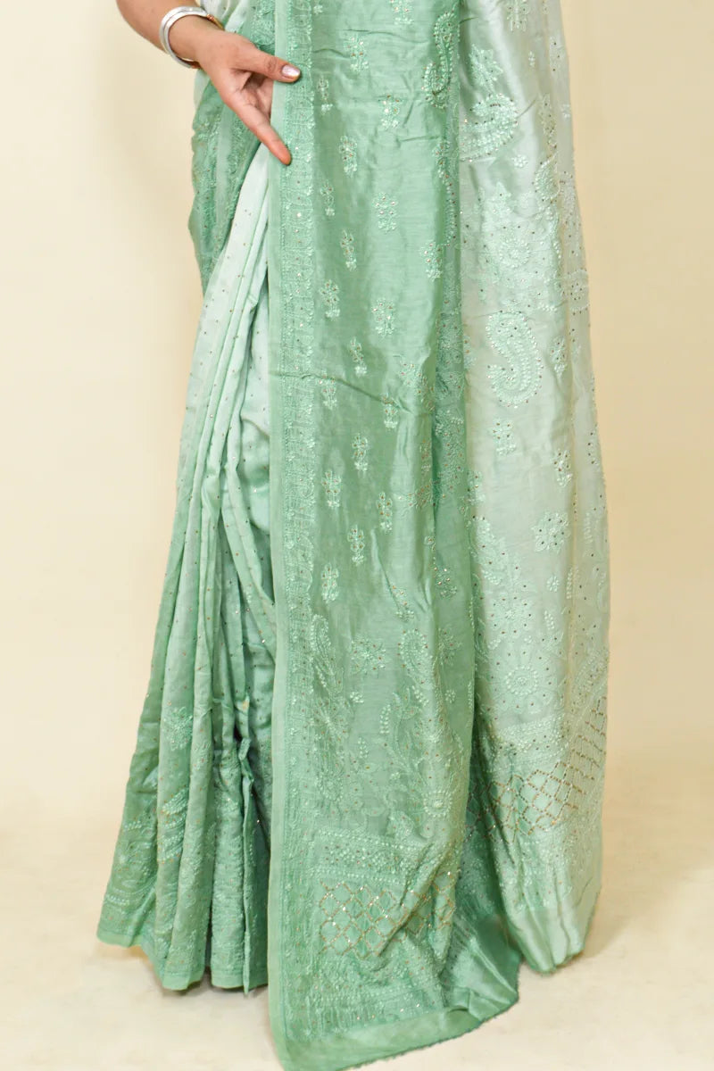 Fabnuma Handcrafted Shaded Pista Green Chanderi Silk Chikankari Saree-Blouse Lucknowi Chikankari
