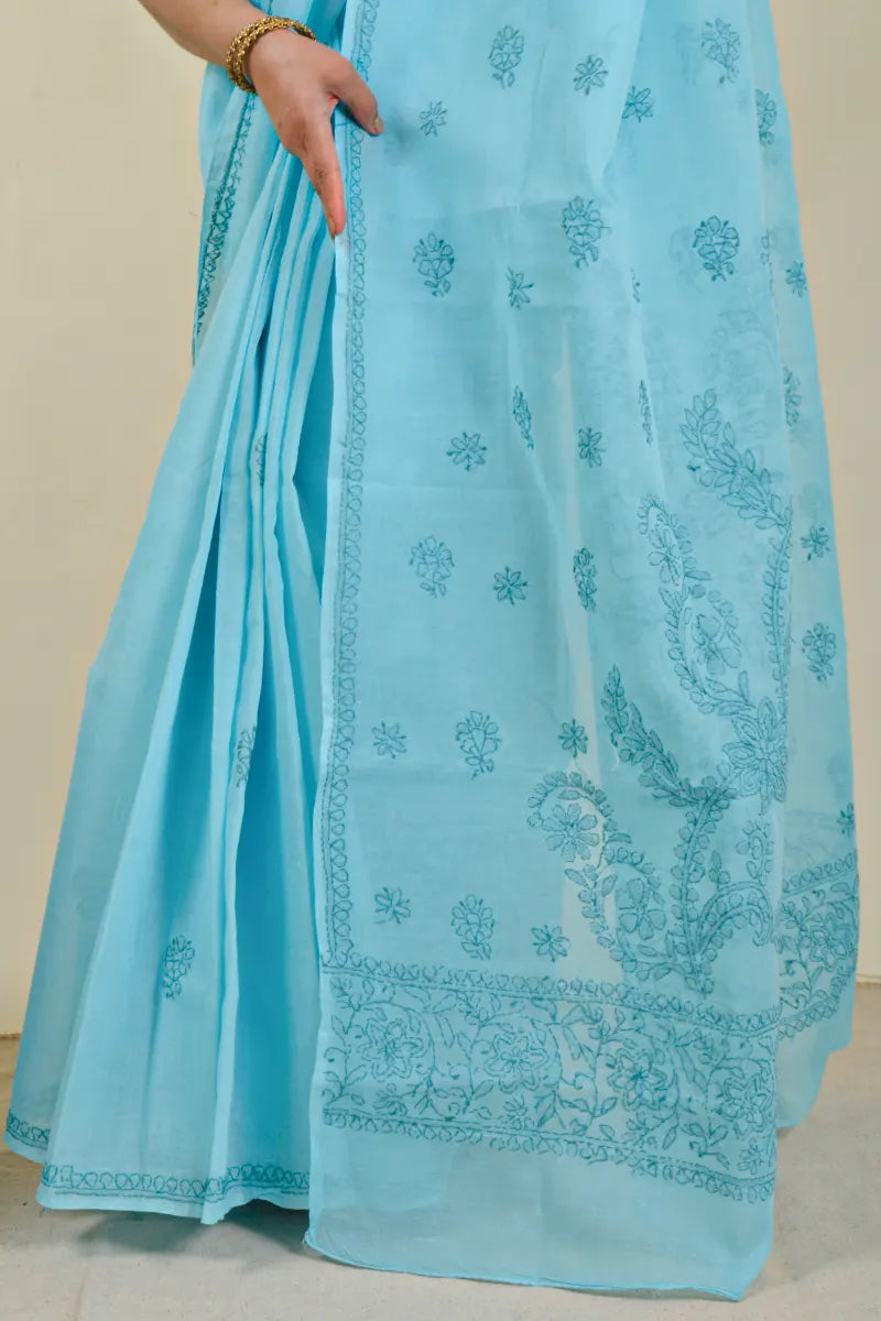 MeMaana Handcrafted Blue Cotton Chikankari Saree-Blouse Memaana