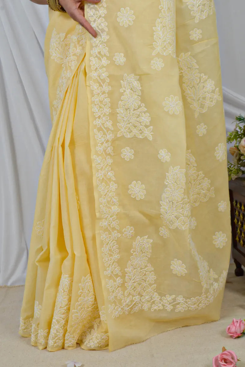 Handcrafted Yellow cotton Saree with intricate Lucknowi Chikankari embroidery and a matching Blouse, ideal for Festive and  occasions.