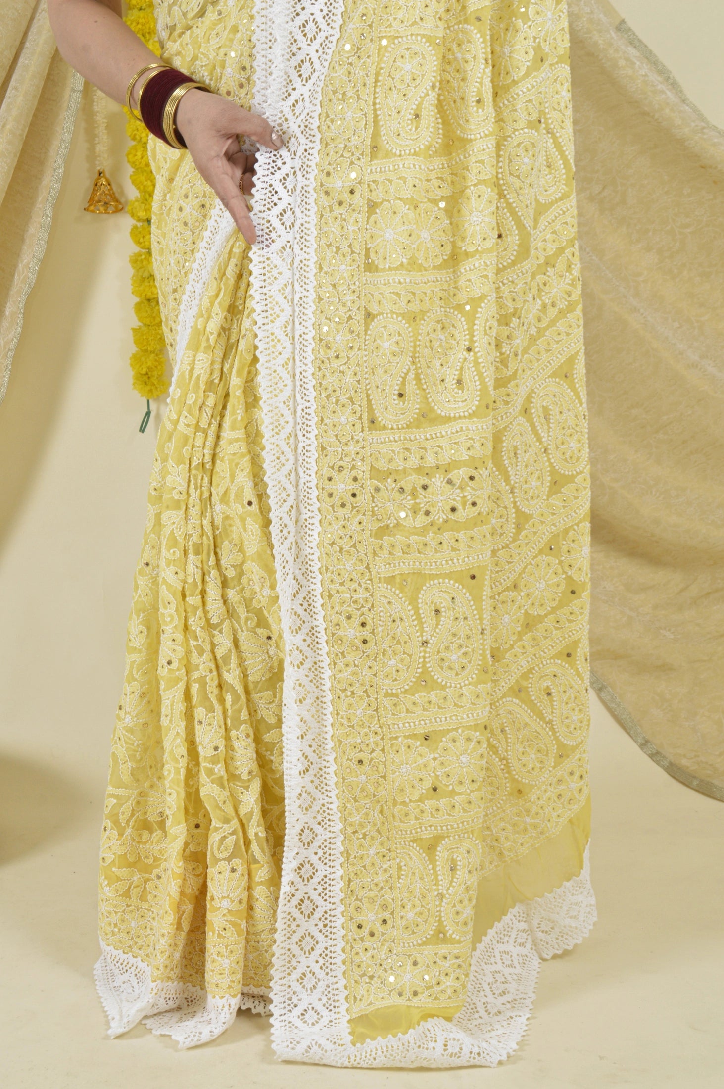 Fabnuma Handcrafted Yellow Georgette Chikankari Saree with Blouse-Mukaish Work