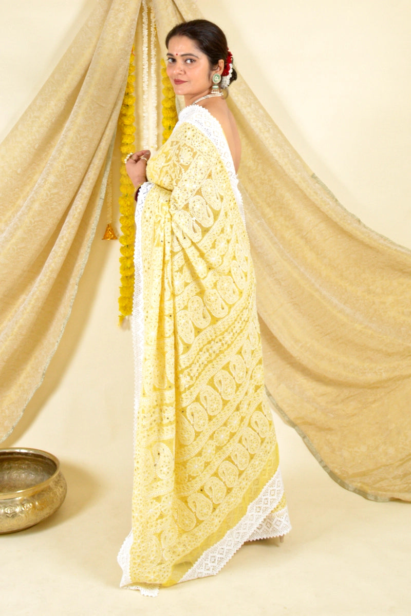Fabnuma Handcrafted Yellow Georgette Chikankari Saree with Blouse-Mukaish Work